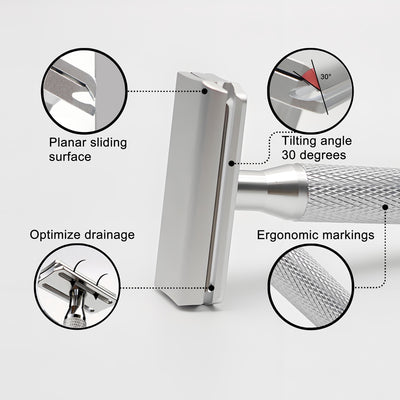 Precision safety razor: the ultimate tool for a zero-irritation shave, featuring a 30° angle for a closer fit.