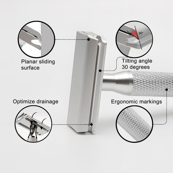 Precision safety razor: the ultimate tool for a zero-irritation shave, featuring a 30° angle for a closer fit.