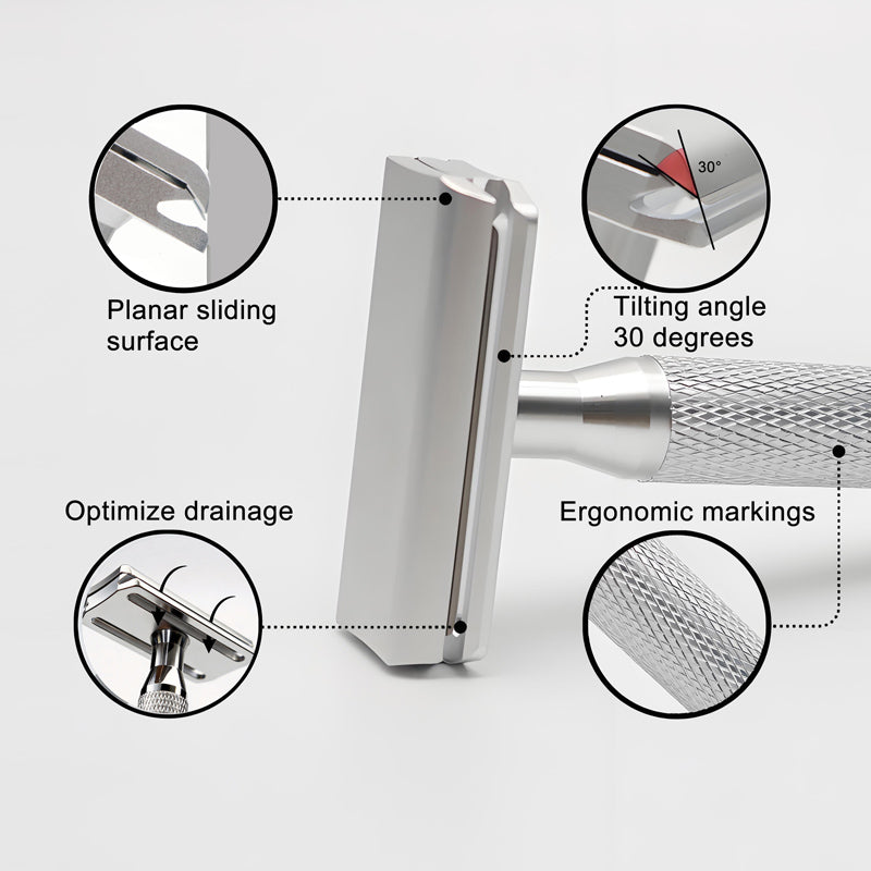 Precision safety razor: the ultimate tool for a zero-irritation shave, featuring a 30° angle for a closer fit.